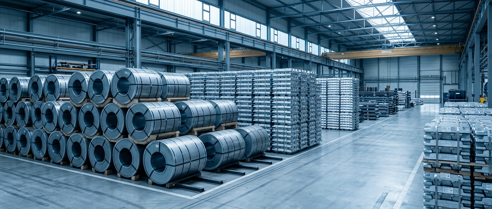 Steel coils and aluminium ingots stored in a modern metals warehouse