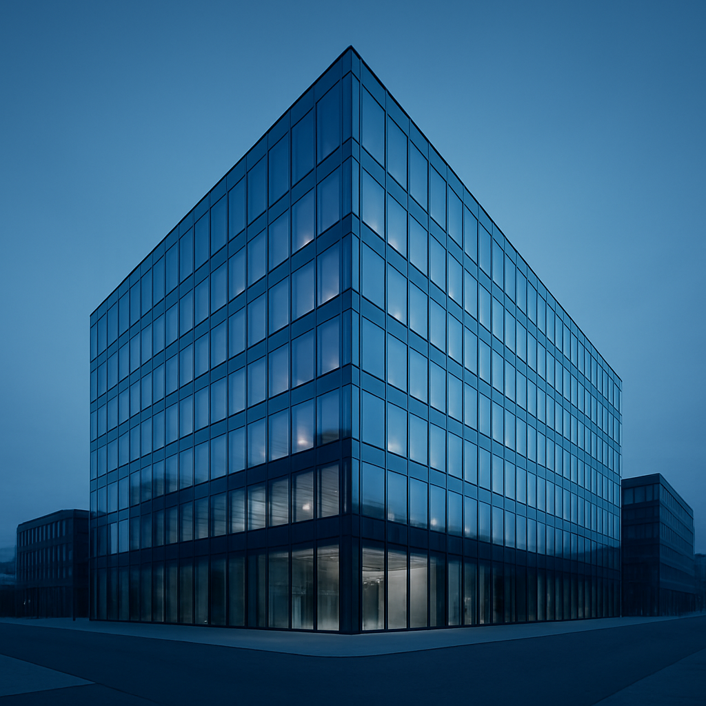 Modern corporate office building in Zurich at blue hour